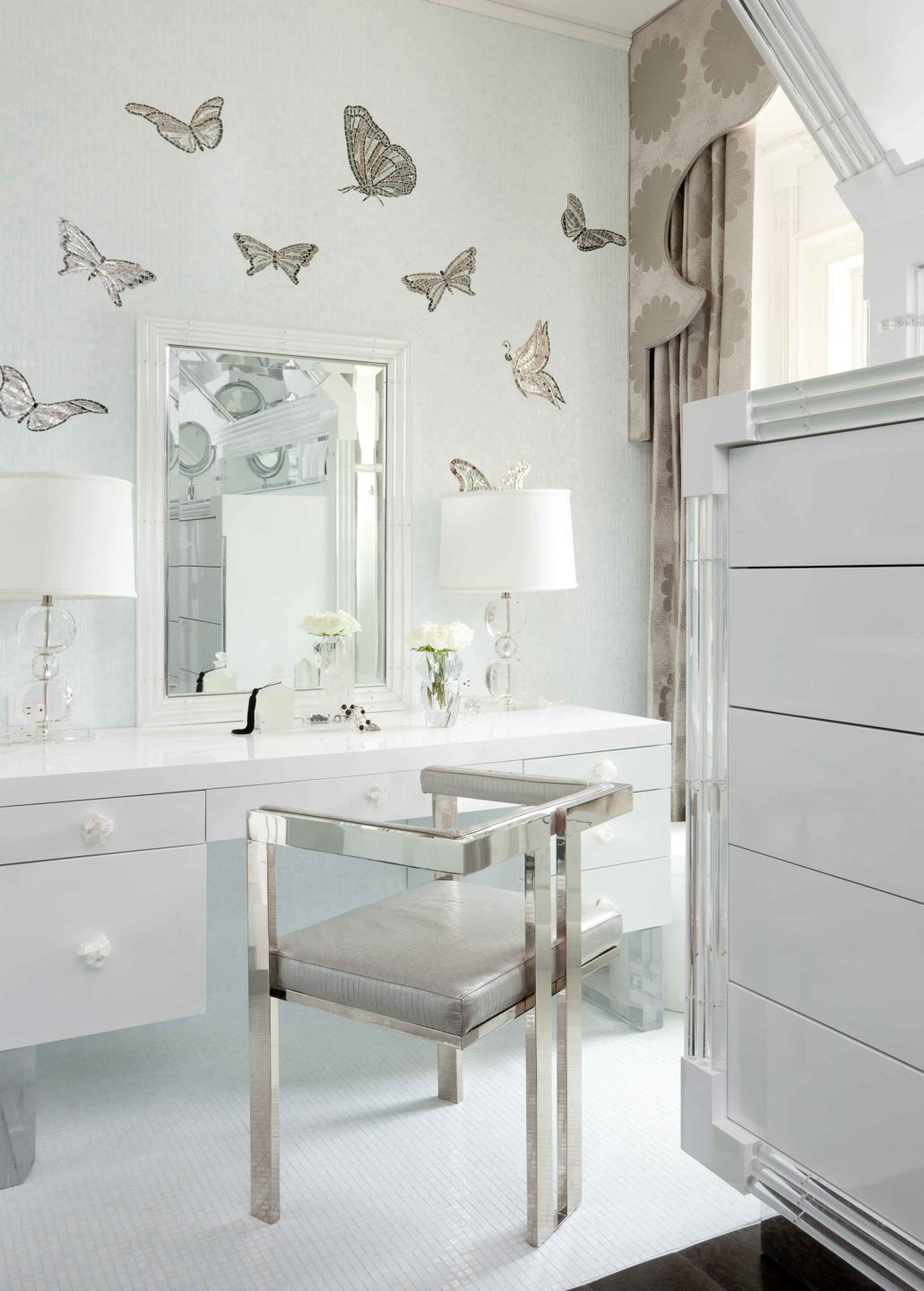 Nicole-Fuller-Interiors-Dutchess-Suffern-Estate-bathroom-vanity-boudoir-butterflies-white-mirrored-chair-new-york-interior-designer
