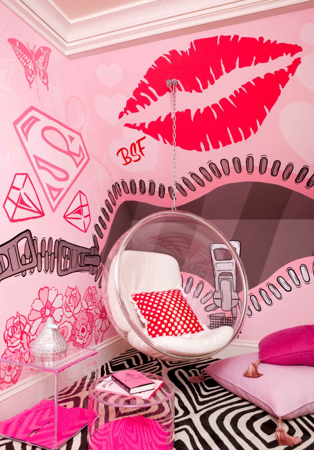 Nicole-Fuller-Interiors-Dutchess-Suffern-Estate-kids-room-pink-lips-wallpaper-bubble-hanging-modern-chair-new-york-interior-designer