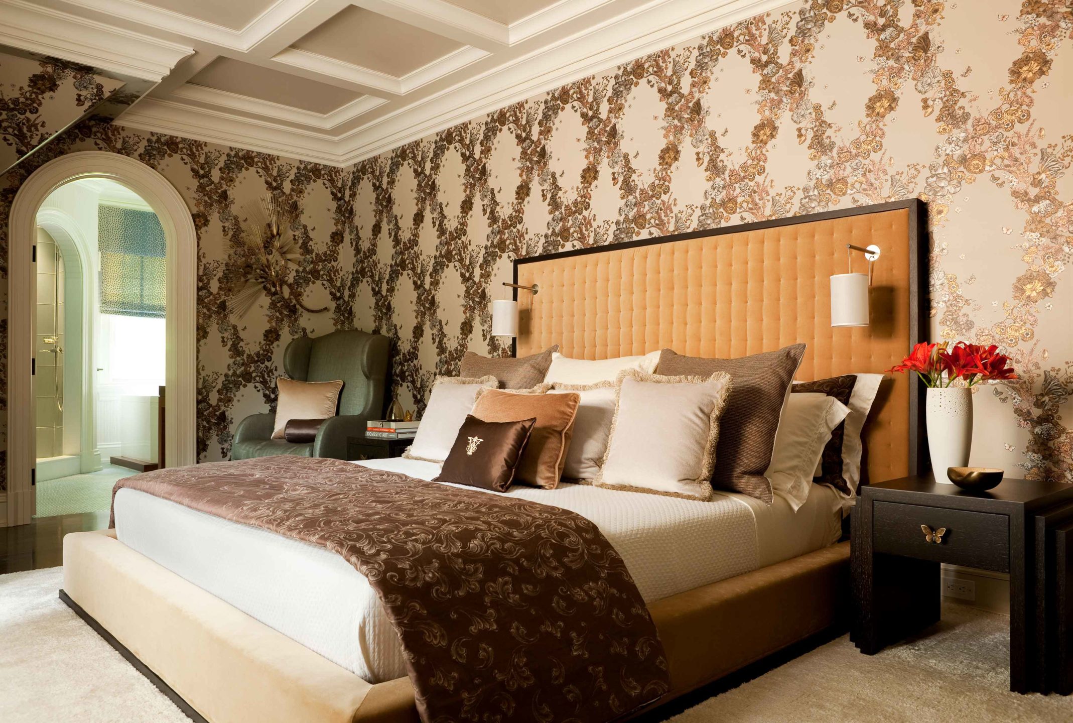 Nicole-Fuller-Interiors-Dutchess-Suffern-Estate-master-bedroom-chocolate-brown-caramel-coffered-ceiling-new-york-interior-designer